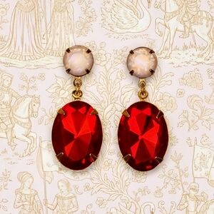 Superior Minimalist Pigeon Blood Red Glass & Powder Pink In Gold Plated Earrings